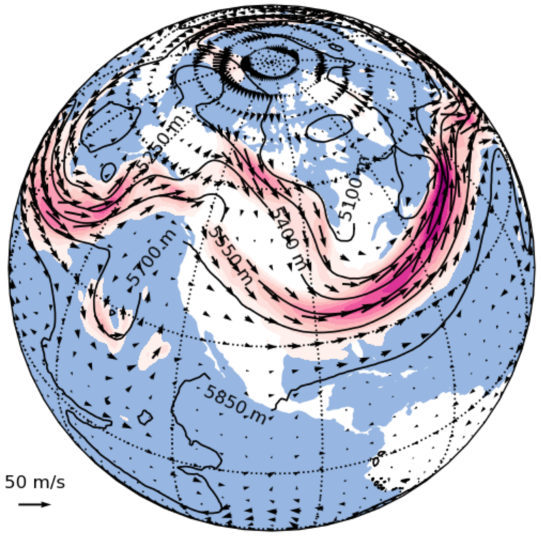 A map of upper level winds and geopotential heights